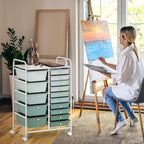 LUARANE Rolling Cart with 15 Drawers, Craft Storage Cart with Portable Handles & Lockable Wheels, Mobile Toys Organizer, Large Capacity Utility Drawer Cart Home Office School Teacher (Gradient Green)