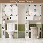 ChooChoo Over The Toilet Storage Cabinet, Farmhouse Bathroom Storage Cabinet with Sliding Door, Over Toilet Storage with Adjustable Shelves, Space-Saving, Antique White