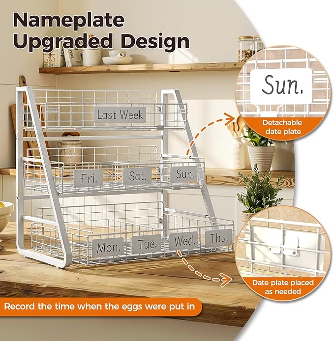 Upgraded Egg Holder Countertop with Removable 5 Dividers & Date Plate, 3 Tier Pull Out Large Egg Basket for Gathering Fresh Eggs, Kitchen Organizer, The Size - 6.7“x16.6”x11.3