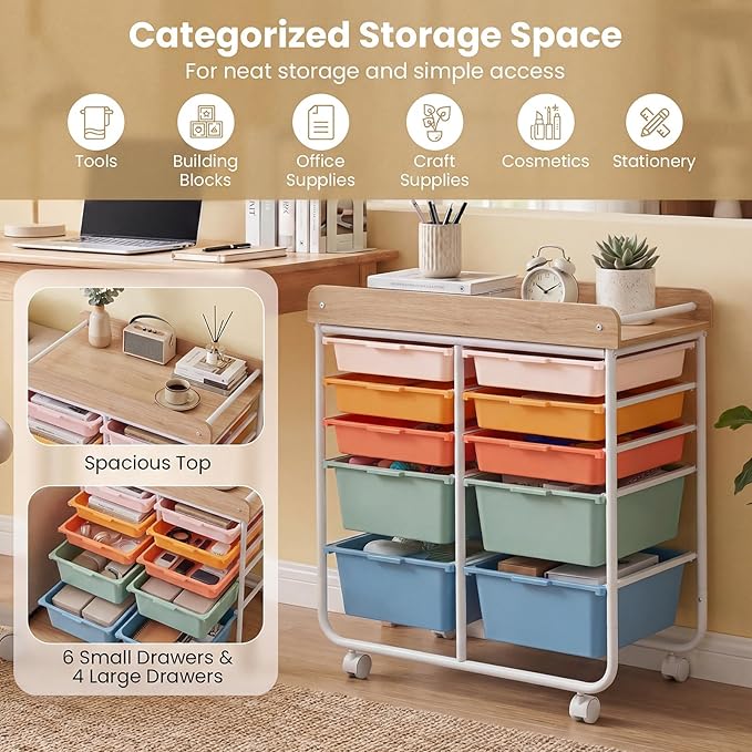 GOFLAME 10-Drawer Rolling Storage Cart, Craft Storage Cart with Wooden Tabletop, Lockable Wheels & Handles, Art Cart Supply Storage Organizer with Metal Frame for Home Office Classroom, Macaron Color