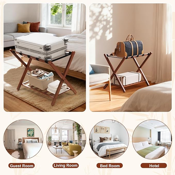 Walnut Luggage Racks Set of 2, Bamboo 26.77" Luggage Rack Stand for Guest Room, 5 Nylon Straps, Foldable Suitcase Stand with Storage Shelf for Bedroom Hotel, Holds up to 165 Lbs
