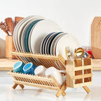 Bamboo Dish Drying Rack-2 Tier, Collapsible Small Dish Rack with Utensil Holder, Wooden Drying Rack for Kitchen Counter, Apartment Essentials Kitchen Plate Holder Organization 34 pcs Grid