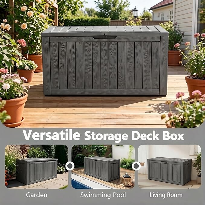 120 Gallon Outdoor Storage Box, Resin Deck Boxes Outdoor Waterproof For Patio Furniture, Garden Tools, Pool Supplies, Durable And UV Resistant, Lockable（Gray）