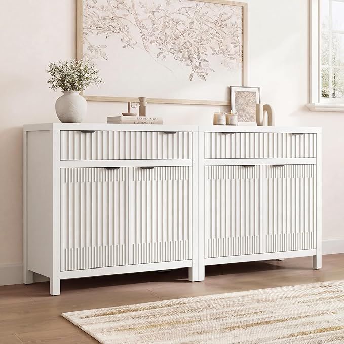 FLOWBACK Fluted Buffet Cabinet with Storage,34" Tall Kitchen Sideboard Cabinet Modern Credenza with Fluted Doors & Shelves Farmhouse Coffee Bar Media Console Accent Cabinets for Living Room, Entryway