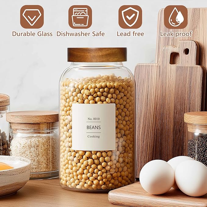 KEYWING 88oz Large Glass Jars with Airtight Acacia Wood Lids, Set of 3 Food Storage Containers for Flour, Sugar, Rice, Pasta, Cereal, Cookies – Includes 126 Labels