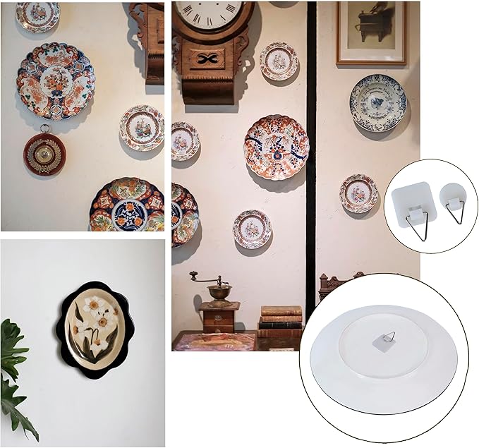 12 Pieces Invisible Vertical Plate Holders - 6 Pieces Plate Hangers for The Wall with 10 Pieces Wall Hooks for Displaying Plates, Platter, Dish (Gold, 6/8/10 Inch) ﻿