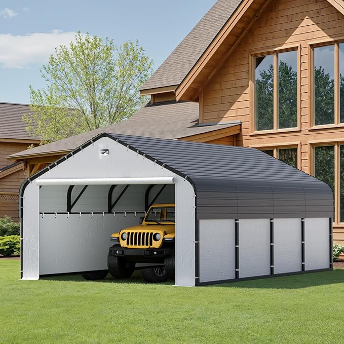 12x20 Metal Carport, Heavy Duty 2-Car Carport Canopy, CarPorts with Removable Polyethylene Sidewalls, Galvanized Steel Roof Car Tent Garage