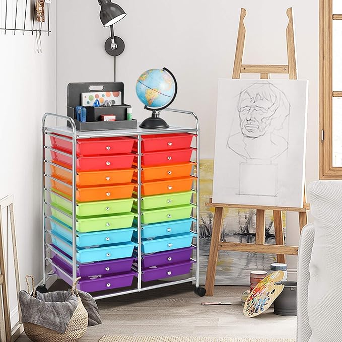 GOFLAME 20-Drawer Rolling Storage Cart, Multifunctional Art Craft Organizer Cart, Mobile Utility Storage Cart with Removable Drawers & Lockable Wheels, Craft Cart for Home Office School, Multicolored