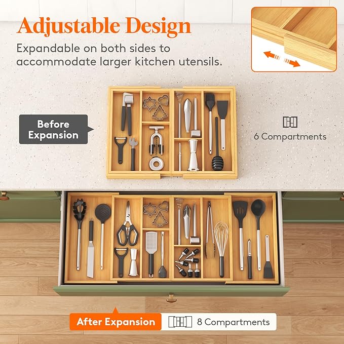 Lifewit Expandable Utensil Organizer for Kitchen Drawer, Adjustable Cooking Silverware Tray, Plastic Cutlery Flatware Holder, Spatula Tools Gadgets Storage Divider, 21- 36 x 16", Bamboo, Natural