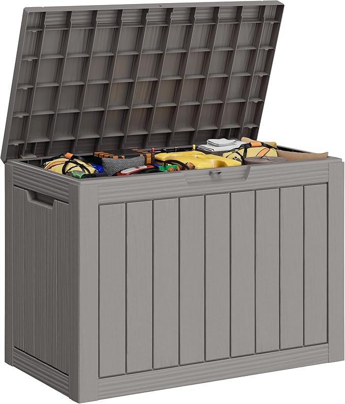 45 Gallon Outdoor Storage Box, Resin Deck Boxes Outdoor Waterproof For Patio Furniture, Garden Tools, Pool Supplies, Lockable And UV Resistant (Striped Gray)