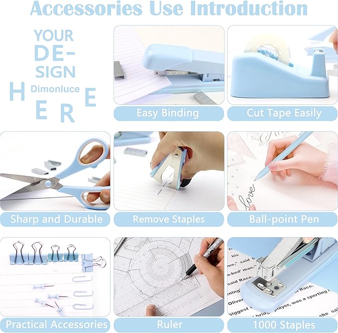 Blue Desk Accessories, Blue Office Supplies Accessories with Tape Dispenser, Stapler, Staple Remover, 1000 Staples, Tape, Clips Set, Ruler, Scissor, Pen