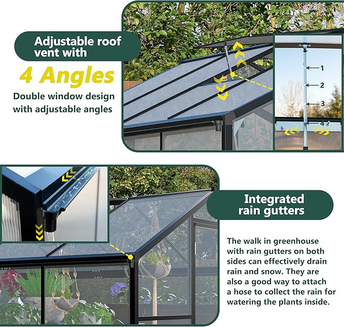 Large Walk-in Clear Polycarbonate Greenhouse with Rain Gutters & Adjustable Roof Vent - Sturdy Aluminum Frame Outdoor Plant House for Vegetable, Flower & Garden Growth-Outbuilding (6x10 ft)