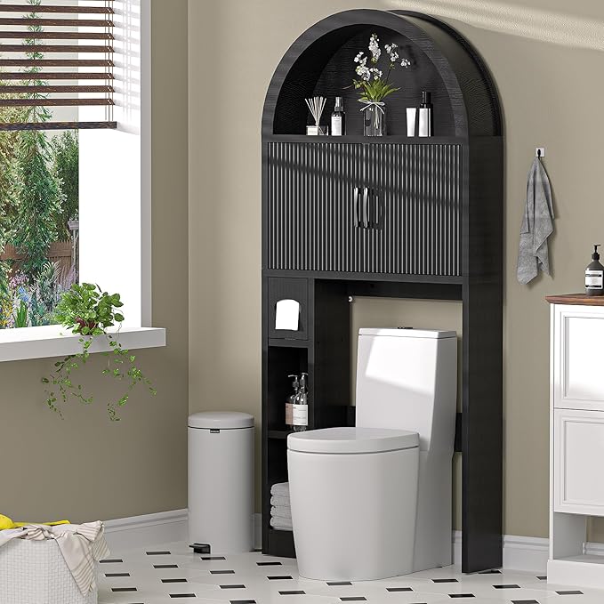 AHB Over The Toilet Storage Cabinet, Freestanding Bathroom Organizer with Adjustable Shelf and Anti-Tip Device, Arched Cabinet with Doors, Space-Saving Toilet Storage for Bathroom, Laundry, Mini Bar