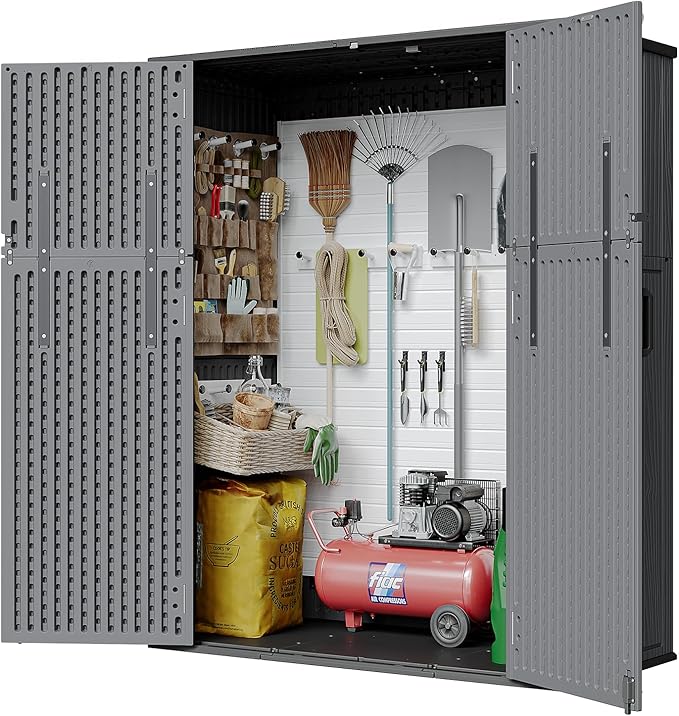 AOXUN Horizontal Storage Sheds 61 Cu.ft, HDPE Outdoor Storage Box 160 Gallon, Waterproof Lockable Resin Deck Box with Spring-Assisted Lid, Patio Storage for Garden, Pool, Cushions, Tools, Grey