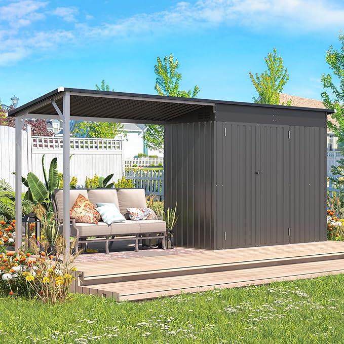 AECOJOY 8x4 FT Outdoor Storage Shed & Hardtop Gazebo Combo, 14x4FT Metal Lean to Shed with 6‘x4’ Open Pergola, 2-in-1 Tool Sheds & Outdoor Storage for Patio, Backyard, Garden