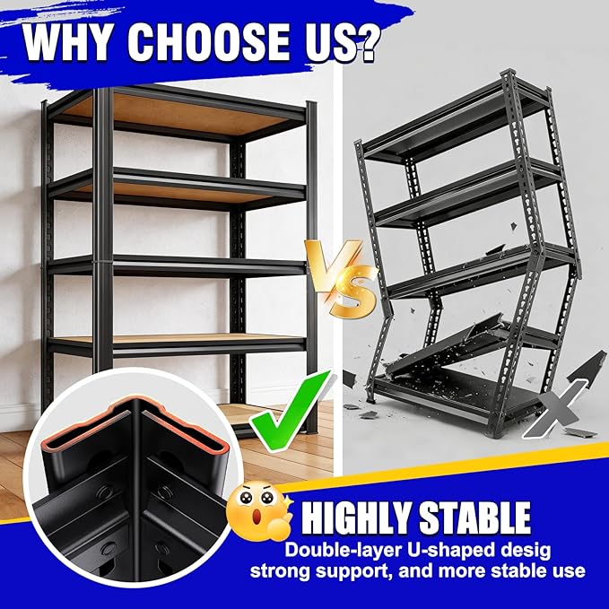 Heavy Duty Garage Storage Shelves 5-Tier Adjustable Metal Rack, 71" x 35" x 16" Utility Steel Shelving Unit, 2050LBS Capacity Organizer for Basement, Shop, Garage, Pantry, Laundry Room, Black