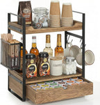 Coffee Station Organizer Countertop, Wooden Coffee Bar Accessories Organizer with Basket, 2 Mug Holder Hooks and Pod Drawer, Multifunctional 2 Tier Countertop Organizer for Kitchen, Bathroom, Office