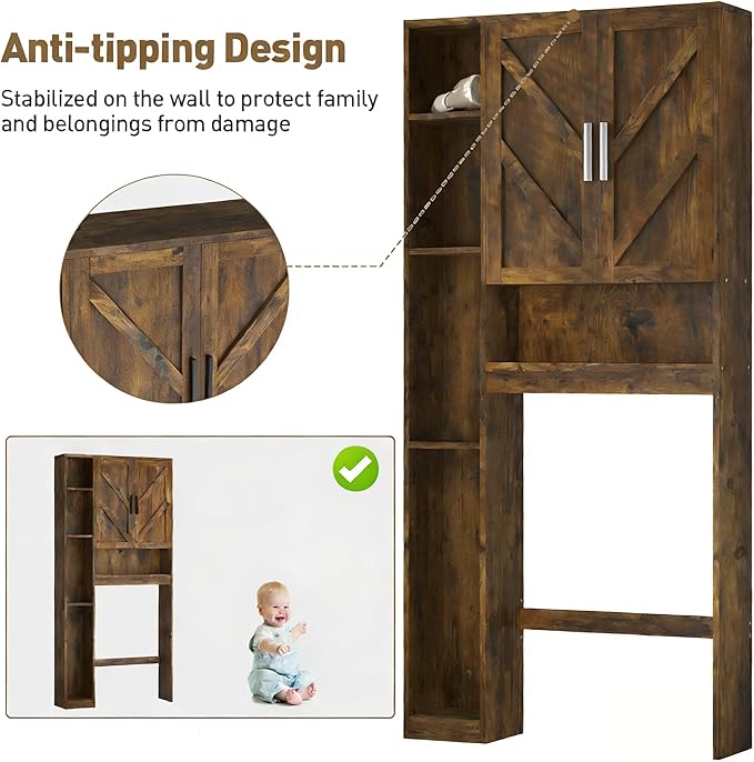 Over The Toilet Storage Cabinet with 7 Storage Shelves, Above Toilet Bathroom Organizer with Toilet Paper Holder Stand, Behind Toilet Cabinet, Space Saver for Restroom, Bathroom, Laundry, Brown