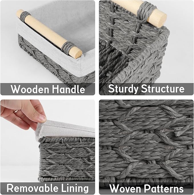 Paper Rope Wire Storage Basket for Shelves, Organizing Stackable Large and Small Woven Basket Toilet Tank Paper Baskets for Dressing/Night Table,Cabinets,Bathroom,Bedroom,Living Room Home Decor Grey