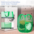 HOUSE AGAIN 2 Pcs Pop Up Laundry Hamper, Strong Mesh Laundry Baskets Collapsible, Hamper with Handles and Side Pocket, Portable Foldable Dirty Clothes for Dorm, Laundry room and Travel Storage, Green