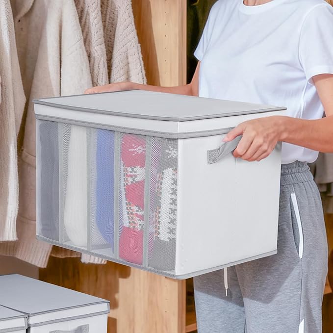 Univivi Large Size Wardrobe Clothes Organizer, 5 Grids Sweater Organizer for Closet with Handles, Support Boards and Lids, Foldable Closet Organizers for Sweaters, Pants, T-shirt, Hoodie- 2 Pack