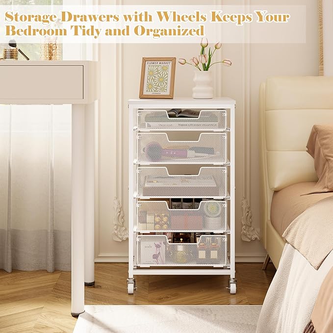 Utility Cart with 5 Drawers, Rolling Storage Cart with Wooden Tabletop and Lockable Wheels, Storage Drawer Cart Craft Cart for Bedroom, Classroom, Home, Office, White