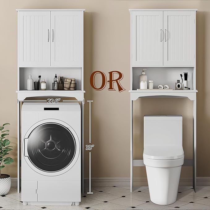 Topeakmart Over the Toilet Storage, Toilet Rack with Adjustable Shelf and Double Doors for Bathroom, 3 Shelves, White
