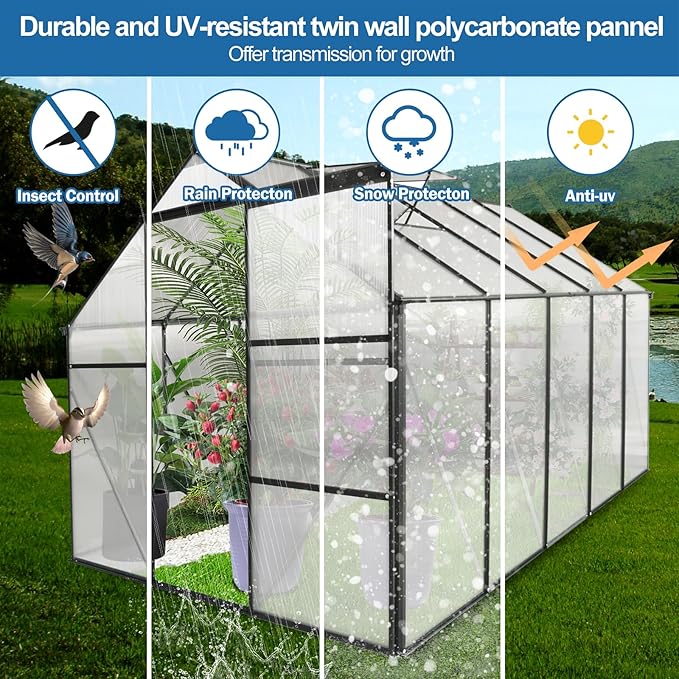 6X10FT Greenhouse for Outdoor, Polycarbonate Greenhouse with Raised Base and Anchor, Heavy-Duty Walk-in Green House with Adjustable Roof Vent and Gutter System for Patio,Backyard (Black, 6X10FT)