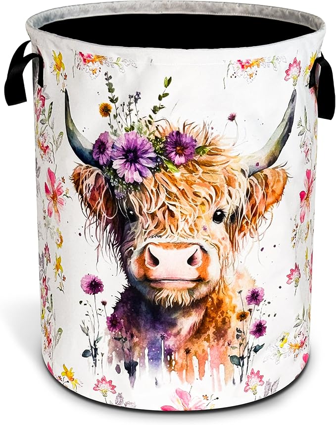 Highland Cow Laundry Basket Foldable Waterproof Oxford Cloth Funny Tote Bag Laundry Hamper Clothes Storage Bucket Toy Organizer For Bathroom/Laundry Storage/Bedroom Storage Basket 17.7x13.7 Inch