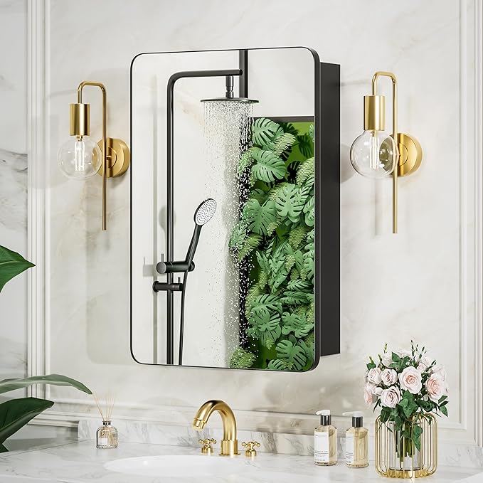 Medicine Cabinet 16x24 Inch, Aluminum Bathroom Mirror Cabinet with Storage, Recessed or Surface Mount, Black Vanity Storage Unit with 3 Anti-Tip Adjustable Acrylic Shelves, Soft Close Hinge