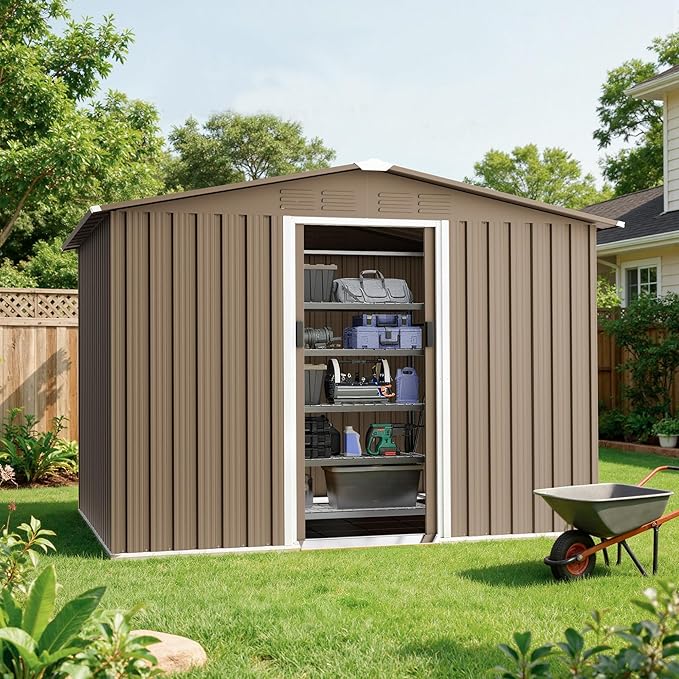 Kullavik 8FT x 6FT Outdoor Storage Shed with Floor and Lockable Doors,Waterproof Metal Garden Tool Shed,Galvanized Steel shed for Backyard,Garden,Patio