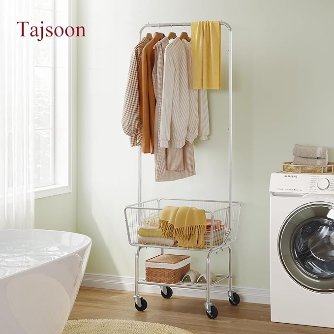 Tajsoon Laundry Cart with Hanging Rack, Metal Rolling Laundry Cart with Wheels and Storage Basket, Silver