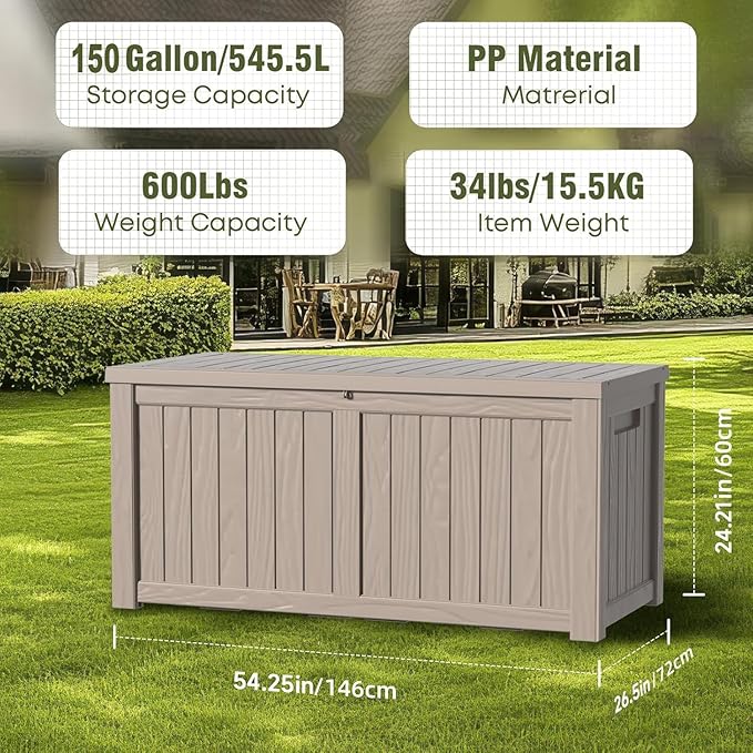 150 Gallon Deck Box,Resin Outdoor Storage Box with Lockable for Patio Furniture, Pool Tools, Garden Tools Waterproof Outside Storage Box, Grey