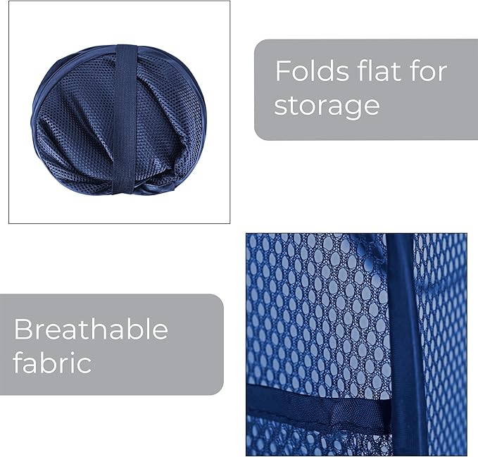Smart Design Deluxe Mesh Pop Up Square Laundry Hamper w/ Side Pocket & Handles - VentilAir Fabric Collapsible Design - for Clothes & Laundry - Home - (Holds 2 Loads) (14 x 23 Inch) [Blue]