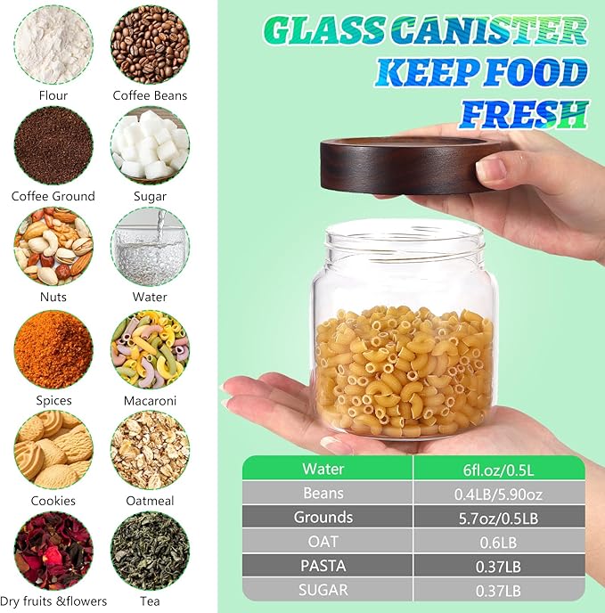 Glass Coffee Jars Spice Jar Round Storage Canister with Wooden Lid Clear Glass Food Jar for Pantry Sugar Tea Coffee Bean Spice Nuts Cookies Bath Salts (500ml/16oz-2pack)