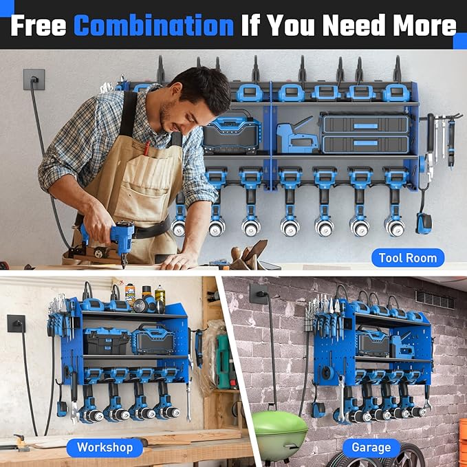 Power Tool Organizer with Charging Station, Heavy Duty 4 Layer Drill Holder Wall Mount Garage Shelf Rack with 6 Outlet Power Strip, Tool Shelf with Hooks, Drill Bit Rack for Garage, Blue