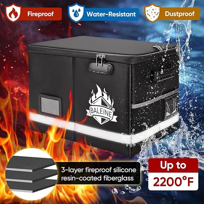 BALEINE Fireproof Document Box with Lock, Portable Fireproof Document Bag Waterproof Fire Proof File Boxes for Documents, File Organizer Box for Important Paperwork (Sliver, 16''x12.5''x11.5'')