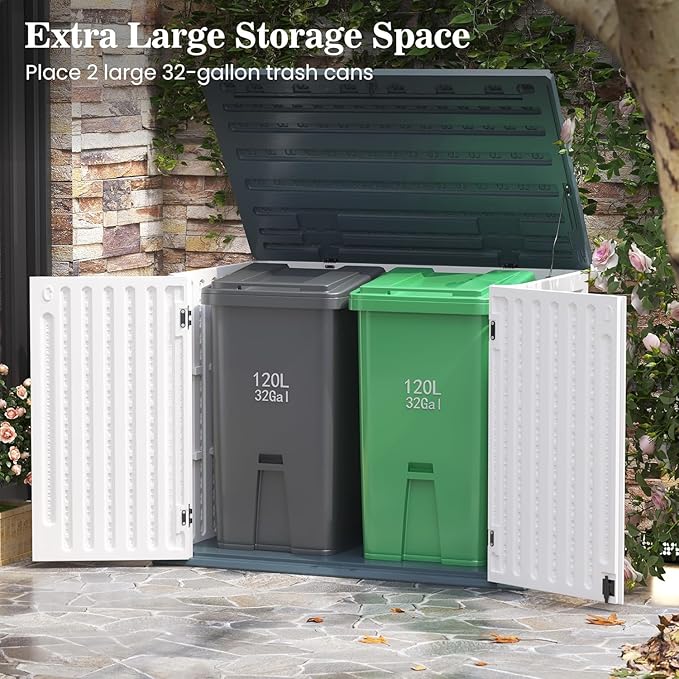 UDPATIO 4.5' x 2.5' Outdoor Storage Shed Horizontal Outdoor Trash Can Storage Box Plastic Shed Resin Cabinet,White & Grey,35 Cu.Ft