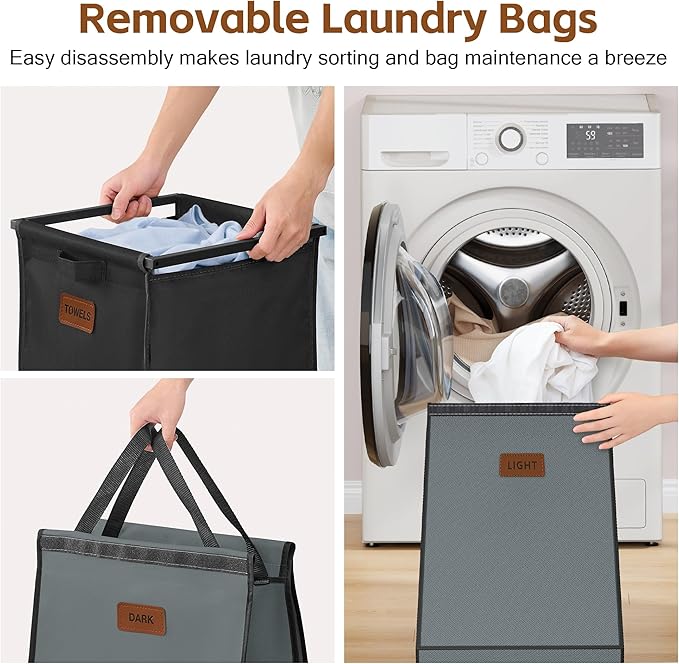 Hoctieon 4 Section Laundry Cart, 48 Gal. (182L) Laundry Hamper with Lid, Laundry Basket with Wheels, Rolling Laundry Sorter Organizer with Shelf, Clothes Separator with Removable Bags, Black+Gray
