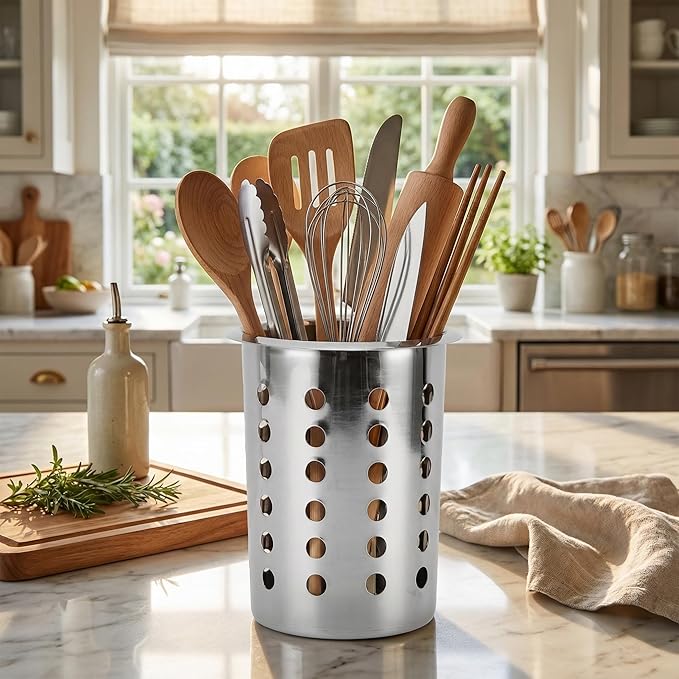 Luqeeg Stainless Steel Utensil Holder, Large Capacity Cutlery Storage, Flatware Cylinder with Simple Stylish Design for Countertop Kitchen Table Dining Table (With Holes)