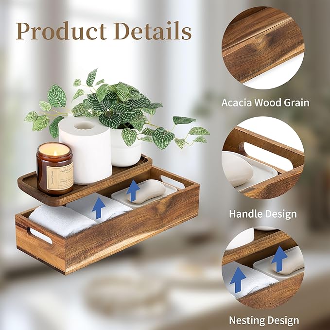 Hanobe Bathroom Toilet Tank Basket: Wood Acacia 2pcs Toilet Paper Topper with Vanity Tray Back of Organizer Toiletry Storage Holder Box