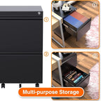 Aobabo 2 Drawer File Cabinet with Lock, Pre-Assembled Mobile Filing Cabinet Under Desk, Anti-Tilt Rolling Metal Office Storage for Letter and Legal Size, Black