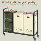 Hoctieon 4 Section Laundry Cart, 48 Gal. (182L) Laundry Hamper with Lid, Laundry Basket with Wheels, Rolling Laundry Sorter Organizer with Shelf, Clothes Separator with Removable Bags, Beige+Green