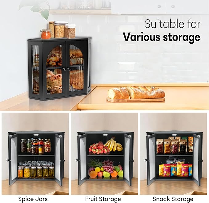 Corner Bread Box for Kitchen Countertop, Double Layer Bamboo Bread Storage Container for Homemade Bread, Large Capacity Bread Holder with 3 Adjustable Height for Counter, Breadbox Organizer