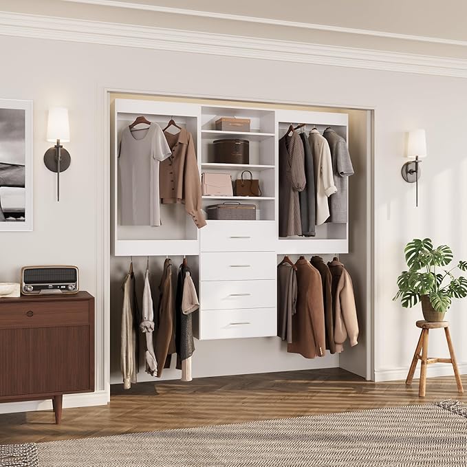 ROOMTEC Modular Closet System, 60" Wall-Mounted Closet Organizer with Drawers and Hanging Rods, Wooden Tower for Walk-In Closets, Wardrobe Storage Kit, White
