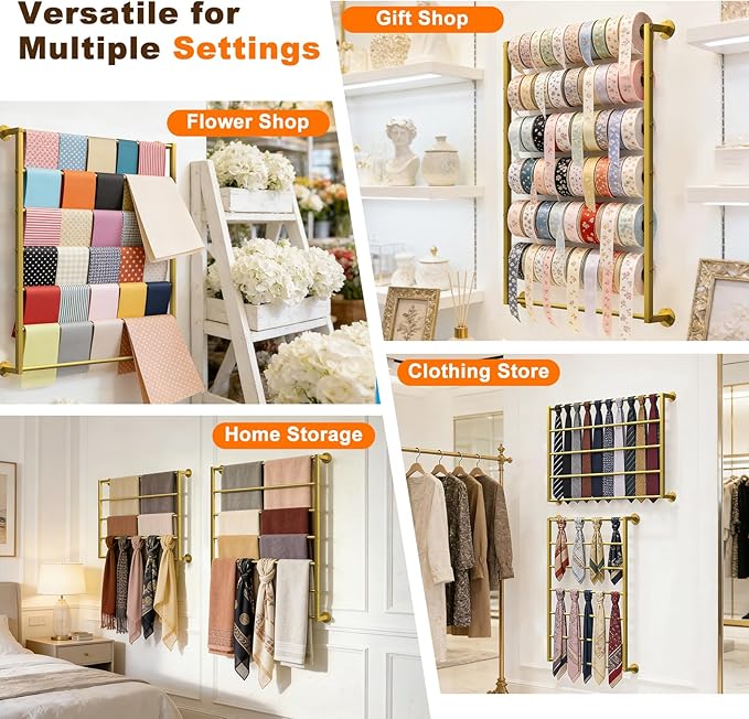 Wall Mounted Scarf Rack, Ties Silk Scarves Towels Storage Multifunctional Metal Rack, Space-Saving Wrapping Paper Organizer Ribbon Holder Wall Display Rack for Flower Shops