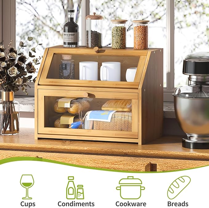 BMOSU Farmhouse Bread Box for Kitchen Countertop Bread box Double Layer Bamboo Wooden Extra Large Capacity Bin Kitchen Food Storage Container(Natural)