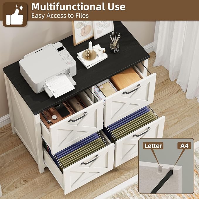 Lateral File Cabinet with 4 Drawers, Farmhouse File Cabinet for Letter/A4 Size Hanging Files, Large Wood File Storage Cabinets Printer Stand for Home Office Cabinets, Rustic White and Black