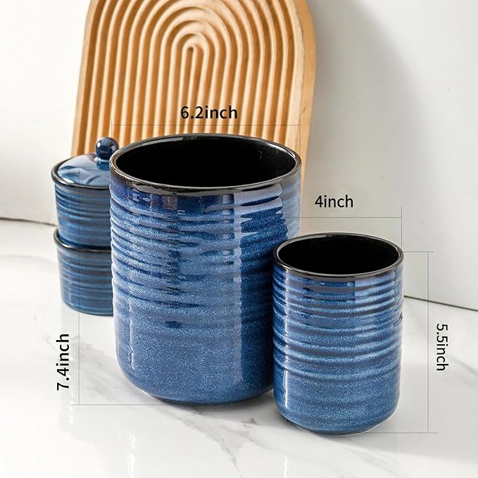 HASENSE Ceramic Utensil Holder, 7.4"+5.5" Kitchen Utensil Holder Crocks for Countertop, Modern Kitchen Tool Organizer for Spatulas, Whisks, and Tongs, Farmhouse Home Decor, Set of 2, Blue