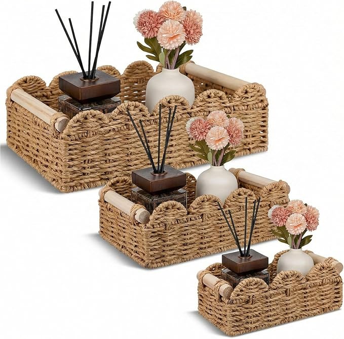 3 Pcs Toilet Paper Storage Basket 3 Size Paper Rope Scalloped Baskets for Bathroom Organizing Living Rooms and Bedroom Countertops